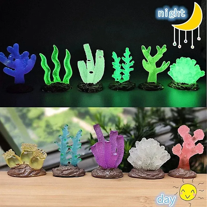 9 Stücke Miniaturen Leuchtendes Aquarium Aquarium Simulierte Korallen Dekoration Fische Schalen Harz Pflanzen Ornamente Figuren Zubehör