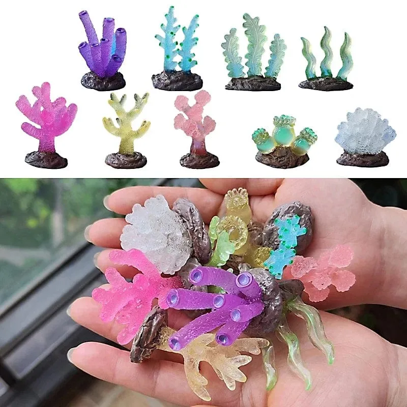 9 Stücke Miniaturen Leuchtendes Aquarium Aquarium Simulierte Korallen Dekoration Fische Schalen Harz Pflanzen Ornamente Figuren Zubehör