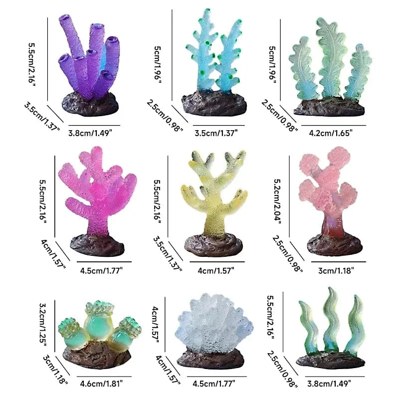 9 Stücke Miniaturen Leuchtendes Aquarium Aquarium Simulierte Korallen Dekoration Fische Schalen Harz Pflanzen Ornamente Figuren Zubehör