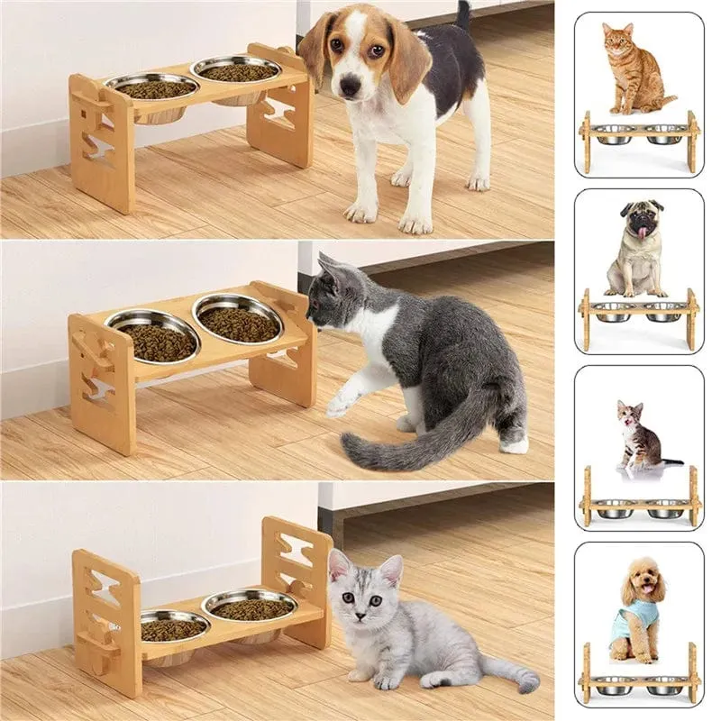 Erhöhte Hundenäpfe aus Bambus mit Ständer, verstellbar, erhöht, Futter- und Wassernäpfe für Welpen, Katzen, Kaninchen, Futterspender für kleine und mittelgroße Haustiere mit