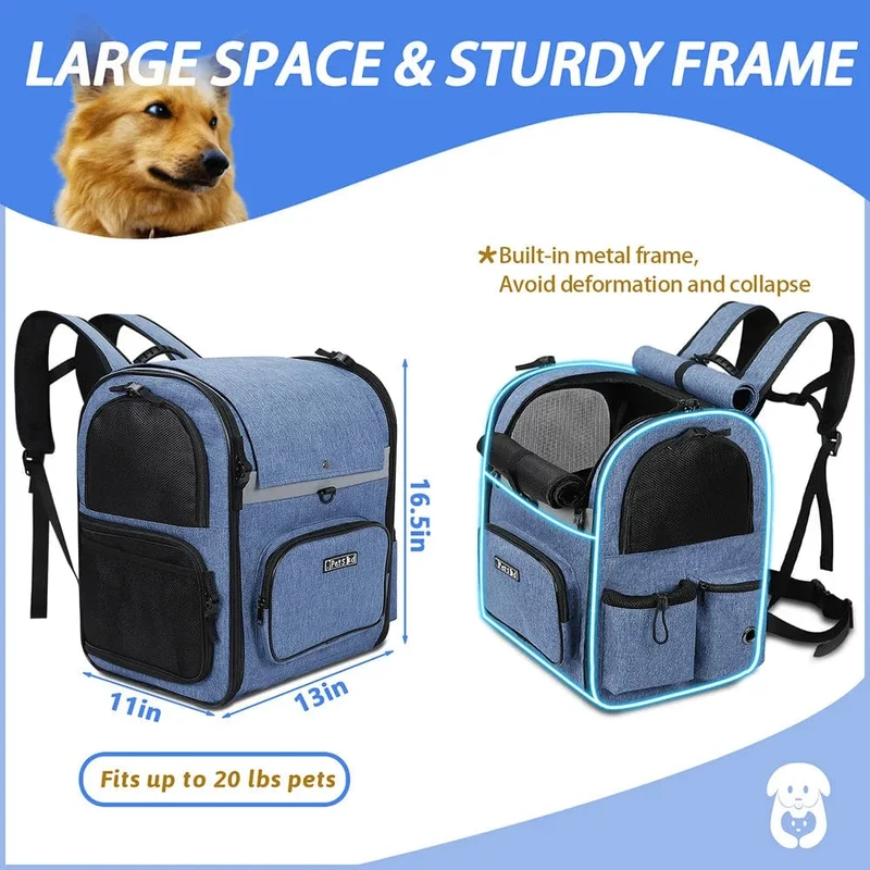 Hundetragetasche, Haustier-Doppelschulter-Rucksack, stabiler Rahmen, atmungsaktiv, faltbare Hunde-Doppeltüren-Tasche, passend für 20 lbs Haustiere, Reiseset