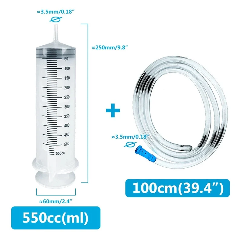 Große Spritze 100 ml-550 ml mit 100 cm Schlauch, wiederverwendbarer Messinjektor für Tierfütterung, Öl, Wasser, Flüssigkeit, Nährstoffe, große Spritze