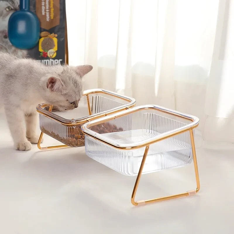 Doppelnapf für Haustiere, transparenter Katzennapf mit hohem Fuß, Wasser trinken, Katzenfutter mit goldenem Ständer, erhöhter Wasserzufuhr, Hundenapfzubehör