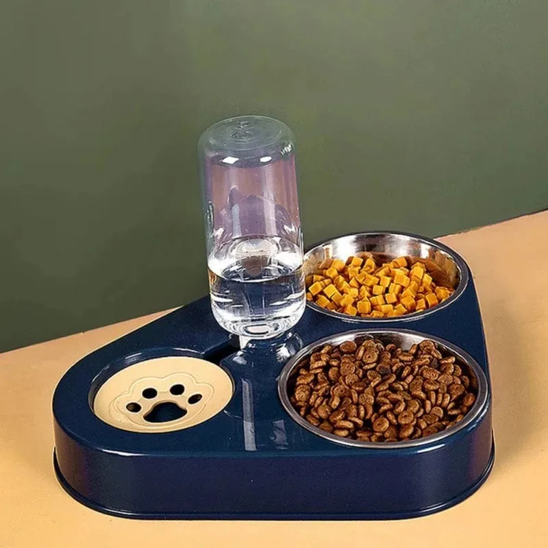 3-in-1-Futternapf für Hunde und Katzen mit Flasche, automatischer Trinkbrunnen, tragbar, langlebig, Edelstahl, 3 Näpfe, Heimtierbedarf
