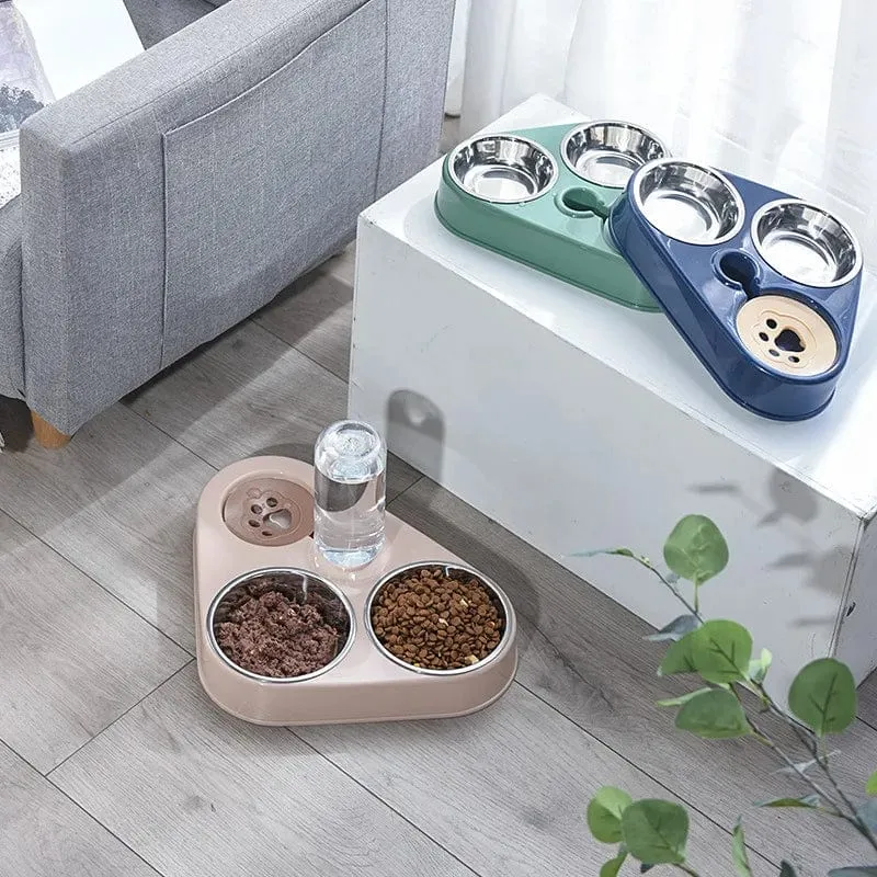 3-in-1-Futternapf für Hunde und Katzen mit Flasche, automatischer Trinkbrunnen, tragbar, langlebig, Edelstahl, 3 Näpfe, Heimtierbedarf