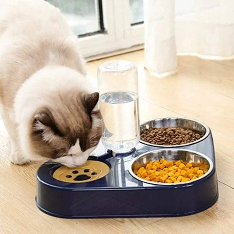 3-in-1-Futternapf für Hunde und Katzen mit Flasche, automatischer Trinkbrunnen, tragbar, langlebig, Edelstahl, 3 Näpfe, Heimtierbedarf