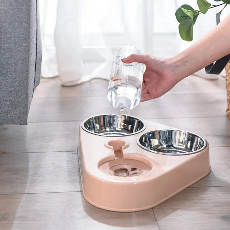 3-in-1-Futternapf für Hunde und Katzen mit Flasche, automatischer Trinkbrunnen, tragbar, langlebig, Edelstahl, 3 Näpfe, Heimtierbedarf