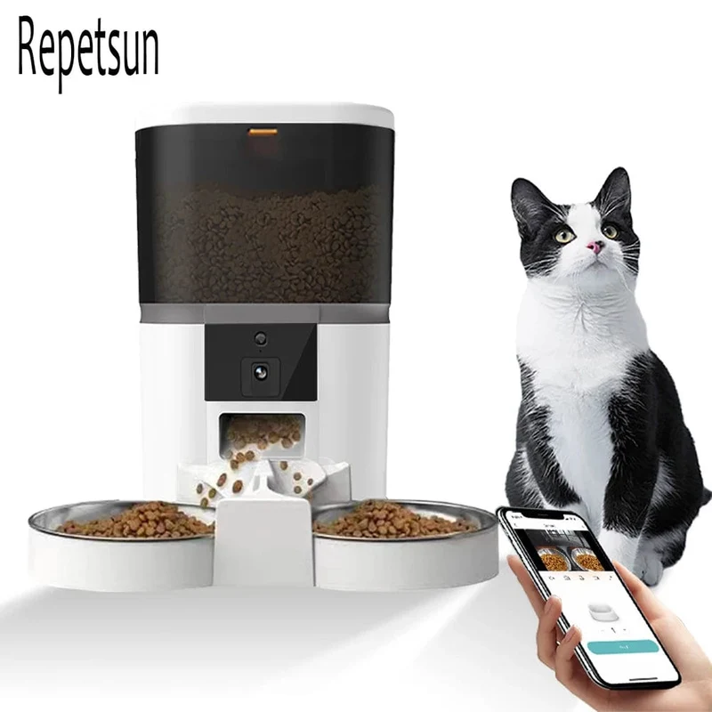 4L Mit HD-Kamera Automatischer Futterspender für Katzen und Hunde Automatischer Spender für Futter für zwei Haustiere Katzen und Hunde Fütterung per Fernzugriff
