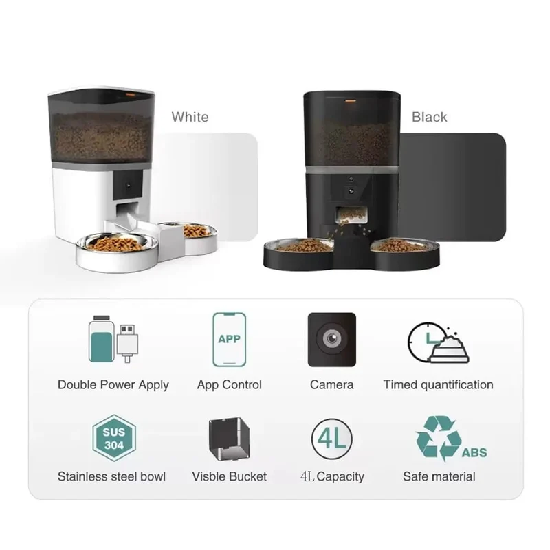 4L Mit HD-Kamera Automatischer Futterspender für Katzen und Hunde Automatischer Spender für Futter für zwei Haustiere Katzen und Hunde Fütterung per Fernzugriff