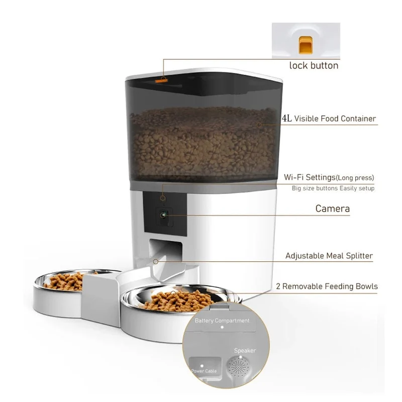 4L Mit HD-Kamera Automatischer Futterspender für Katzen und Hunde Automatischer Spender für Futter für zwei Haustiere Katzen und Hunde Fütterung per Fernzugriff
