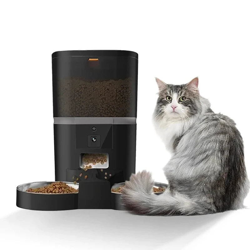 4L Mit HD-Kamera Automatischer Futterspender für Katzen und Hunde Automatischer Spender für Futter für zwei Haustiere Katzen und Hunde Fütterung per Fernzugriff