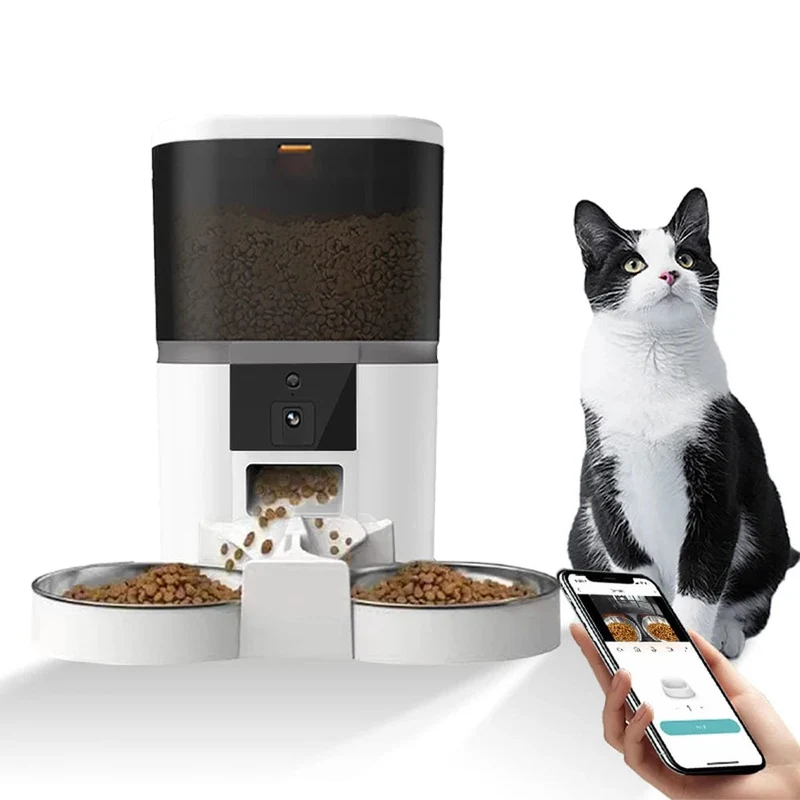 4L Mit HD-Kamera Automatischer Futterspender für Katzen und Hunde Automatischer Spender für Futter für zwei Haustiere Katzen und Hunde Fütterung per Fernzugriff