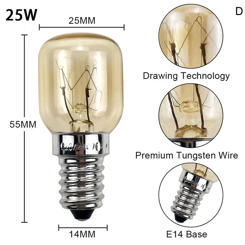 220 V Hochtemperatur-Glühbirne, 15 W, 25 W, E14, 300 Grad, Mikrowellenherd-Glühbirne, Wolfram-Glühlampe, Dampfgarer-Glühbirne, Salz-Glühbirne