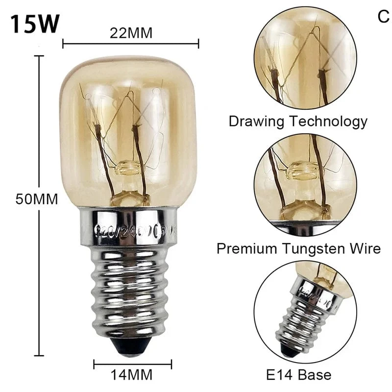 220 V Hochtemperatur-Glühbirne, 15 W, 25 W, E14, 300 Grad, Mikrowellenherd-Glühbirne, Wolfram-Glühlampe, Dampfgarer-Glühbirne, Salz-Glühbirne