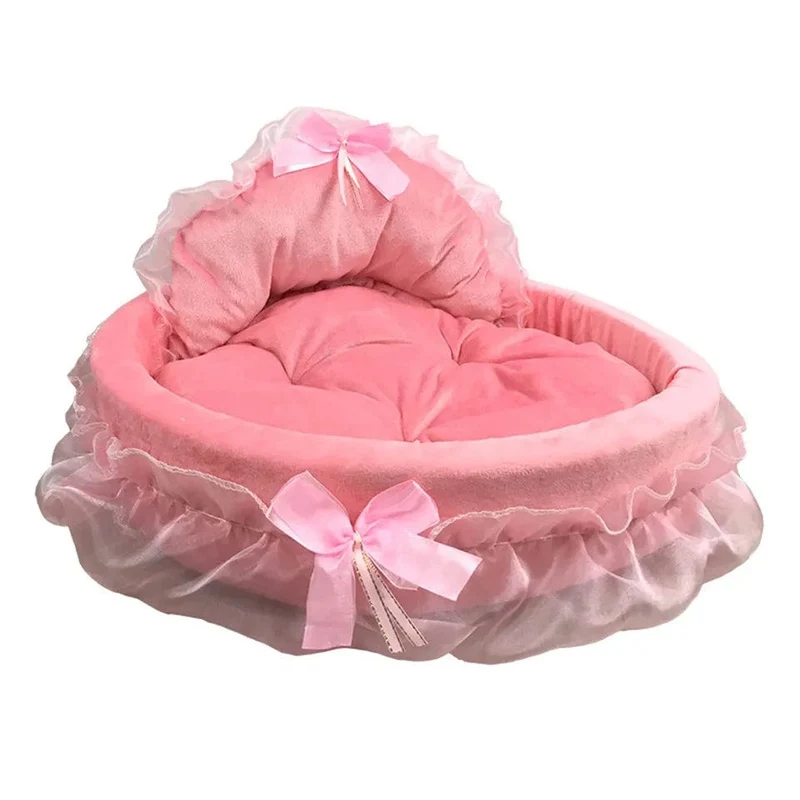 Hanpanda Fantasy Hundebett mit Schleife und Spitze, Betten für große Hunde, abnehmbares ovales rosa Prinzessinnen-Haustierbett, Korb für Hund, Haustier, Hochzeitsmöbel
