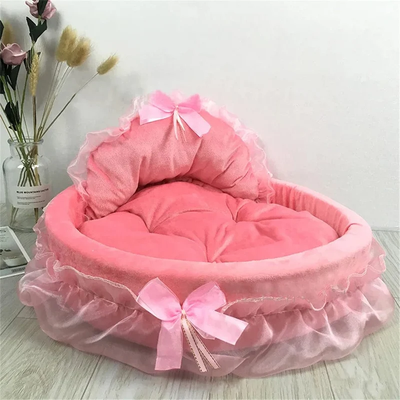Hanpanda Fantasy Hundebett mit Schleife und Spitze, Betten für große Hunde, abnehmbares ovales rosa Prinzessinnen-Haustierbett, Korb für Hund, Haustier, Hochzeitsmöbel