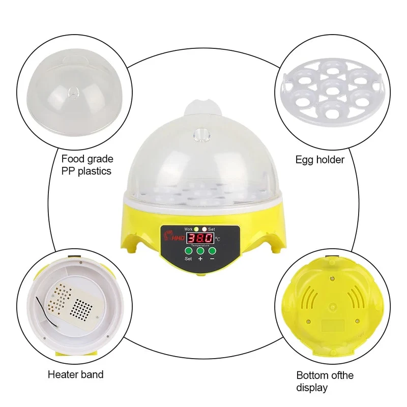 Brüter für Hühner, Enten, Vögel, Tauben, Geflügel, Brutapparat, einstellbare digitale Temperatur, Mini-Ei-Inkubator, automatisch, 7 Eier