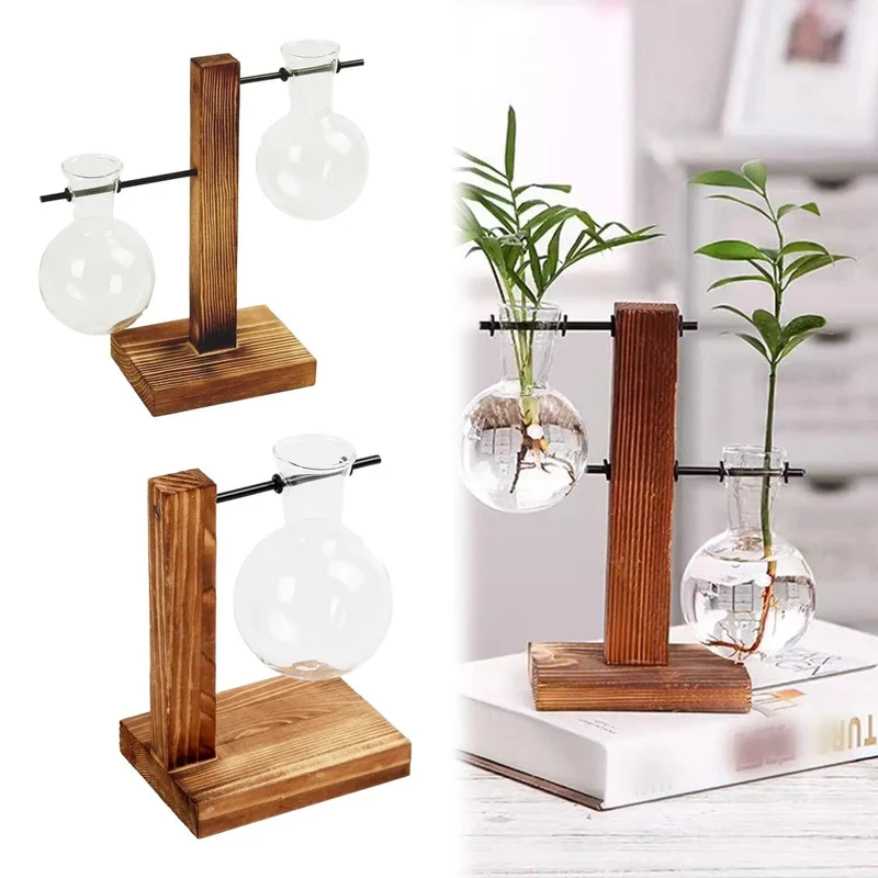 Transparente Glühbirnenvase mit Holzständer, Tisch-Pflanzgefäß aus Glas für Hydrokulturpflanzen, Café-Raumdekor