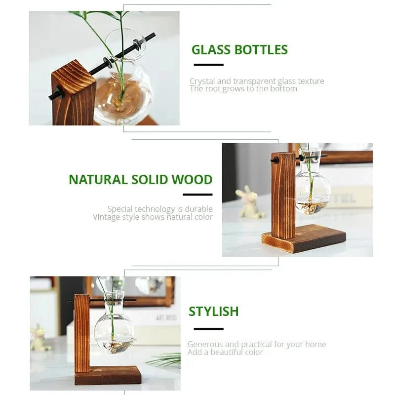 Transparente Glühbirnenvase mit Holzständer, Tisch-Pflanzgefäß aus Glas für Hydrokulturpflanzen, Café-Raumdekor
