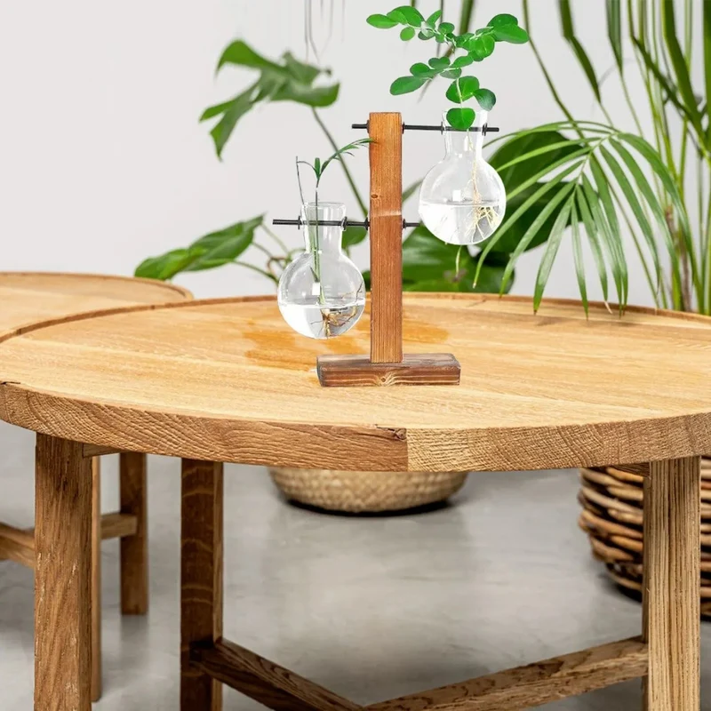 Transparente Glühbirnenvase mit Holzständer, Tisch-Pflanzgefäß aus Glas für Hydrokulturpflanzen, Café-Raumdekor