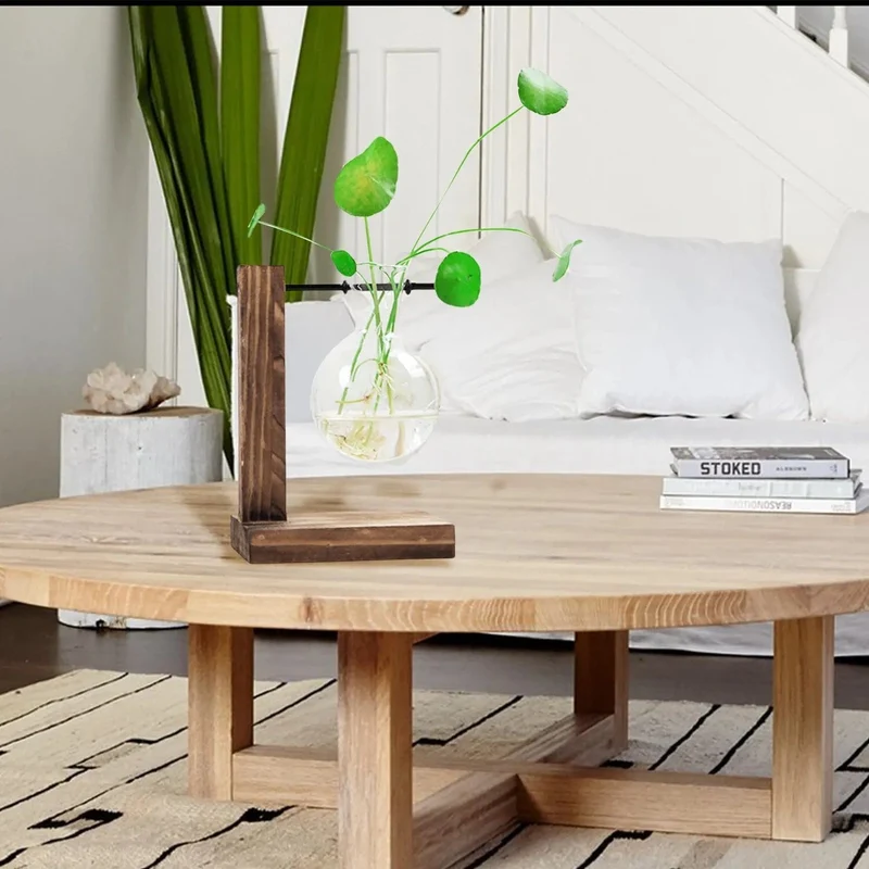 Transparente Glühbirnenvase mit Holzständer, Tisch-Pflanzgefäß aus Glas für Hydrokulturpflanzen, Café-Raumdekor