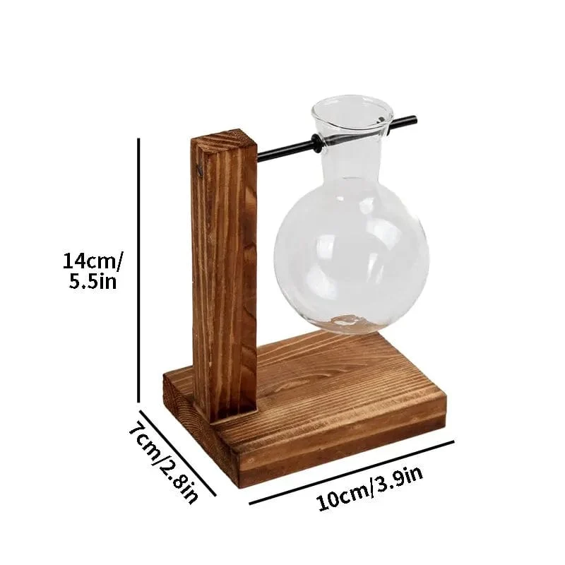 Transparente Glühbirnenvase mit Holzständer, Tisch-Pflanzgefäß aus Glas für Hydrokulturpflanzen, Café-Raumdekor