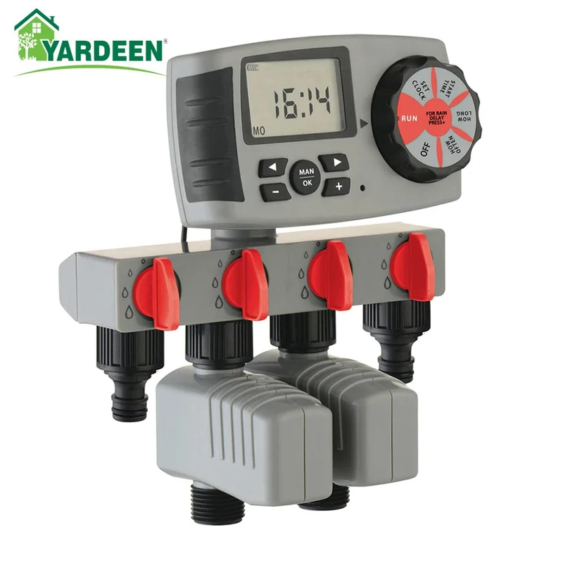 Automatischer 4-Zonen-LCD-Display-Bewässerungstimer, Bewässerungssystem, Gartenwasser-Timer-Controller mit 2 Magnetventilen