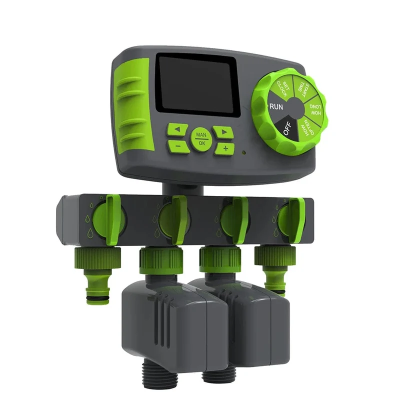 Automatischer 4-Zonen-LCD-Display-Bewässerungstimer, Bewässerungssystem, Gartenwasser-Timer-Controller mit 2 Magnetventilen