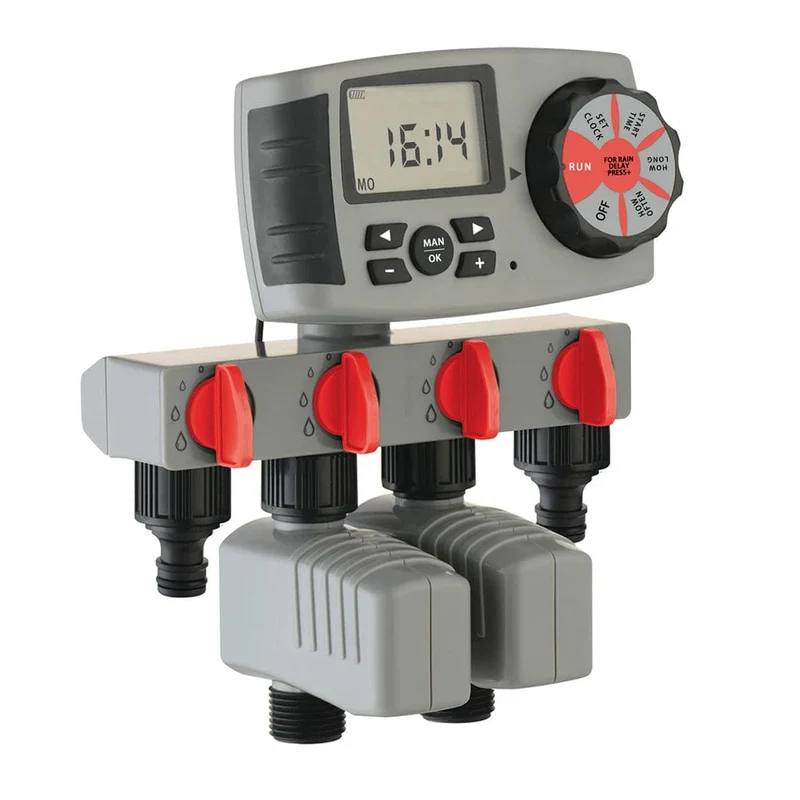 Automatischer 4-Zonen-LCD-Display-Bewässerungstimer, Bewässerungssystem, Gartenwasser-Timer-Controller mit 2 Magnetventilen