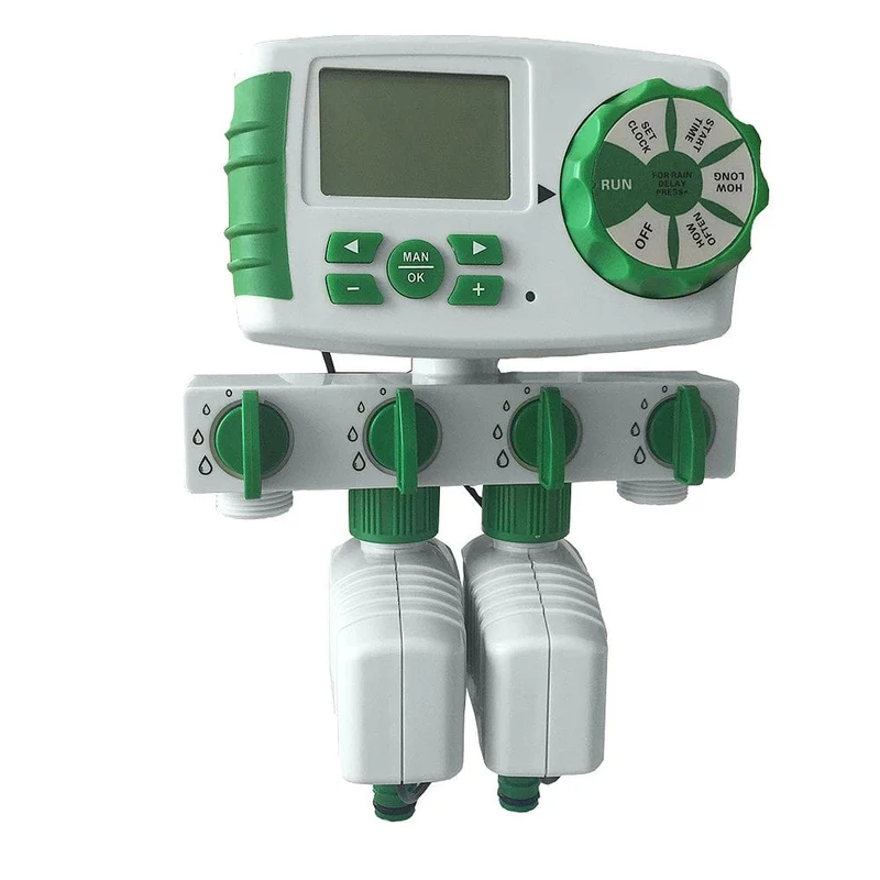 Automatischer 4-Zonen-LCD-Display-Bewässerungstimer, Bewässerungssystem, Gartenwasser-Timer-Controller mit 2 Magnetventilen