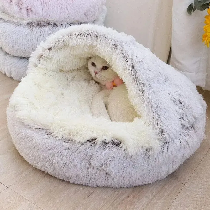 Weiches Plüsch-Haustierbett mit Bezug, rundes Katzenbett, Haustiermatratze, warme Katze/Hund, 2-in-1-Schlafnest, Höhle für kleine Hunde
