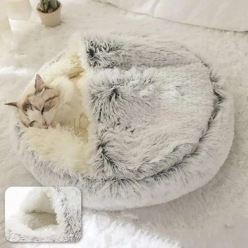 Weiches Plüsch-Haustierbett mit Bezug, rundes Katzenbett, Haustiermatratze, warme Katze/Hund, 2-in-1-Schlafnest, Höhle für kleine Hunde