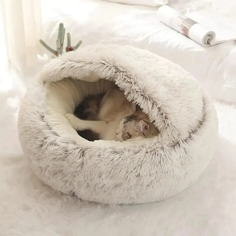 Weiches Plüsch-Haustierbett mit Bezug, rundes Katzenbett, Haustiermatratze, warme Katze/Hund, 2-in-1-Schlafnest, Höhle für kleine Hunde