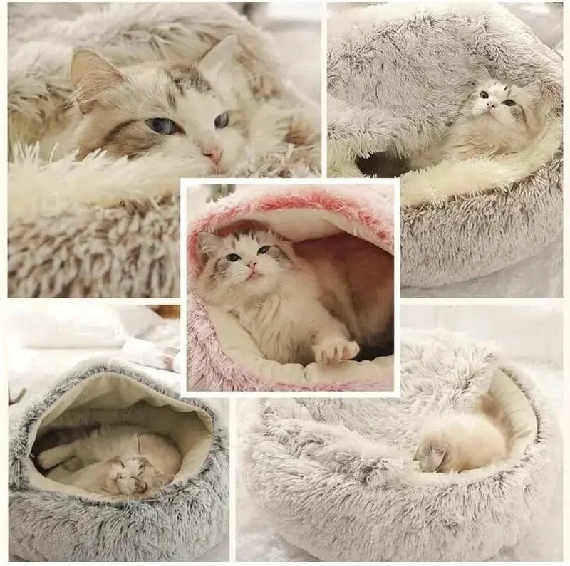 Weiches Plüsch-Haustierbett mit Bezug, rundes Katzenbett, Haustiermatratze, warme Katze/Hund, 2-in-1-Schlafnest, Höhle für kleine Hunde