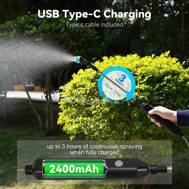 Tragbares elektrisches Gartensprühgerät, Bewässerungswerkzeug, USB, 2400 mAh, wiederaufladbarer Teleskopgriff mit 3 Düsen für Gartenpflanzen
