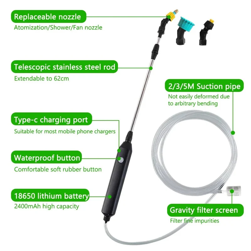 Tragbares elektrisches Gartensprühgerät, Bewässerungswerkzeug, USB, 2400 mAh, wiederaufladbarer Teleskopgriff mit 3 Düsen für Gartenpflanzen