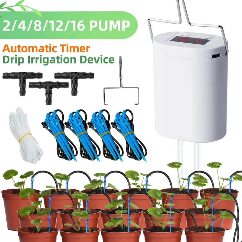 Automatische Bewässerungspumpe für Pflanzen und Blumen, Sprinkler-Tropfbewässerungsgerät, 2/4/8/16 Köpfe, Pumpen-Timer-System-Kit, Gartenwerkzeug