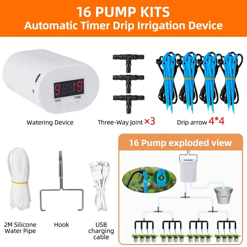 Automatische Bewässerungspumpe für Pflanzen und Blumen, Sprinkler-Tropfbewässerungsgerät, 2/4/8/16 Köpfe, Pumpen-Timer-System-Kit, Gartenwerkzeug