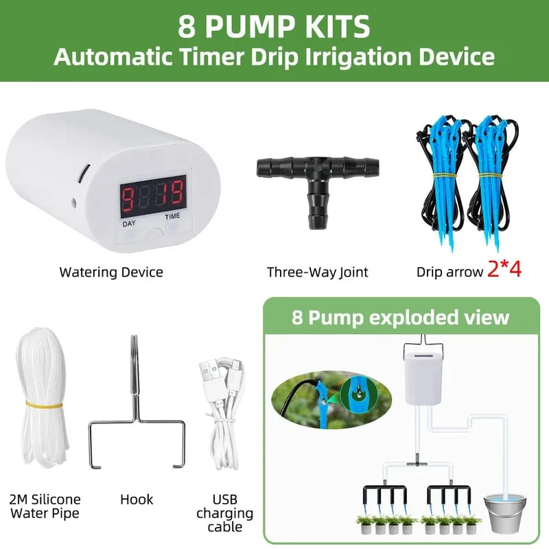 Automatische Bewässerungspumpe für Pflanzen und Blumen, Sprinkler-Tropfbewässerungsgerät, 2/4/8/16 Köpfe, Pumpen-Timer-System-Kit, Gartenwerkzeug
