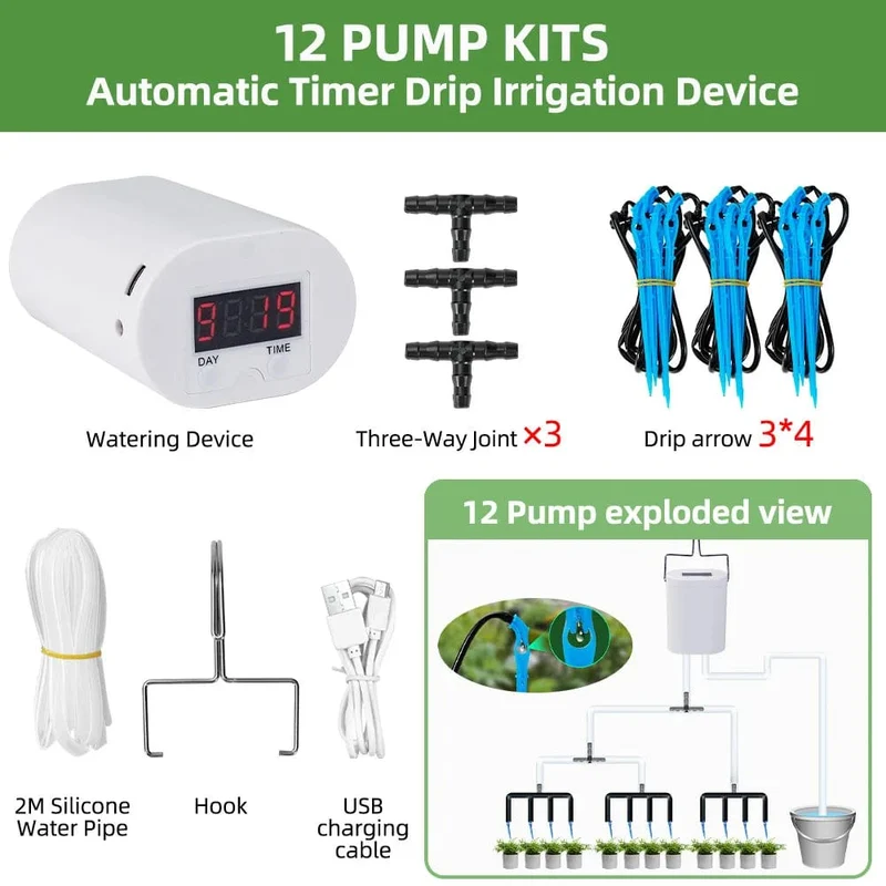 Automatische Bewässerungspumpe für Pflanzen und Blumen, Sprinkler-Tropfbewässerungsgerät, 2/4/8/16 Köpfe, Pumpen-Timer-System-Kit, Gartenwerkzeug