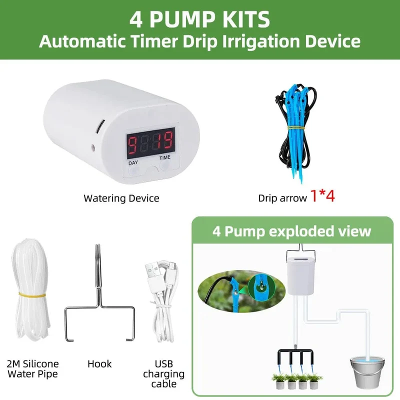 Automatische Bewässerungspumpe für Pflanzen und Blumen, Sprinkler-Tropfbewässerungsgerät, 2/4/8/16 Köpfe, Pumpen-Timer-System-Kit, Gartenwerkzeug