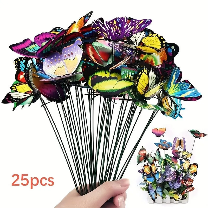 25 Stück 3D-Schmetterlingsstäbe, Dekoration, bunte Schmetterlingsstäbe für Garten, Hof, Pflanzgefäß, Außendekoration, Miniaturfiguren, Feengarten-Ornament, Terrassendekoration, Blumentöpfe, Bonsai-Dekoration