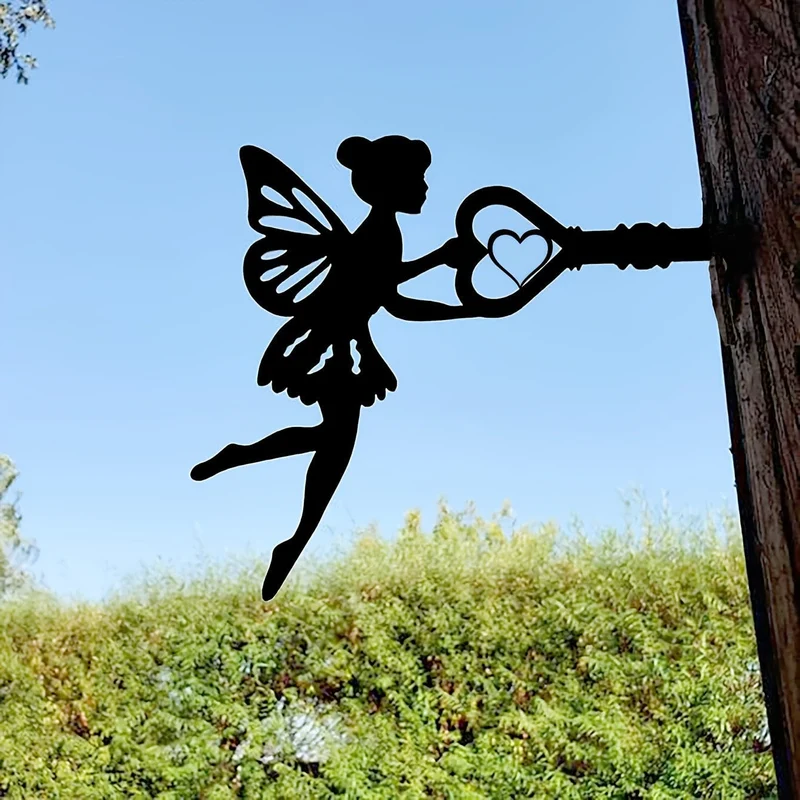 1 Stück Engel auf Ast, Stahlsilhouette, Metall, Wandkunst, Haus, Garten, Hof, Terrasse, Outdoor, Statue, Pfahl, Dekoration, perfekt für Geburtstage, Einweihungsgeschenke