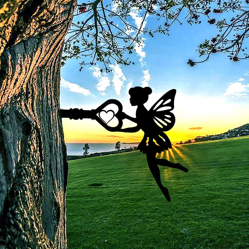 1 Stück Engel auf Ast, Stahlsilhouette, Metall, Wandkunst, Haus, Garten, Hof, Terrasse, Outdoor, Statue, Pfahl, Dekoration, perfekt für Geburtstage, Einweihungsgeschenke