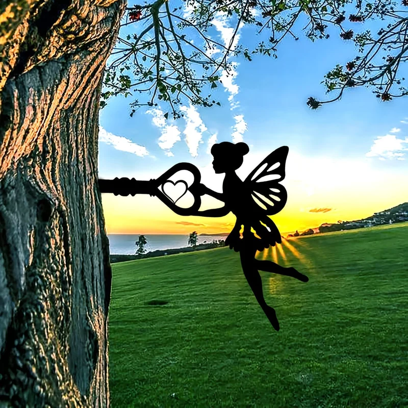 1 Stück Engel auf Ast, Stahlsilhouette, Metall, Wandkunst, Haus, Garten, Hof, Terrasse, Outdoor, Statue, Pfahl, Dekoration, perfekt für Geburtstage, Einweihungsgeschenke