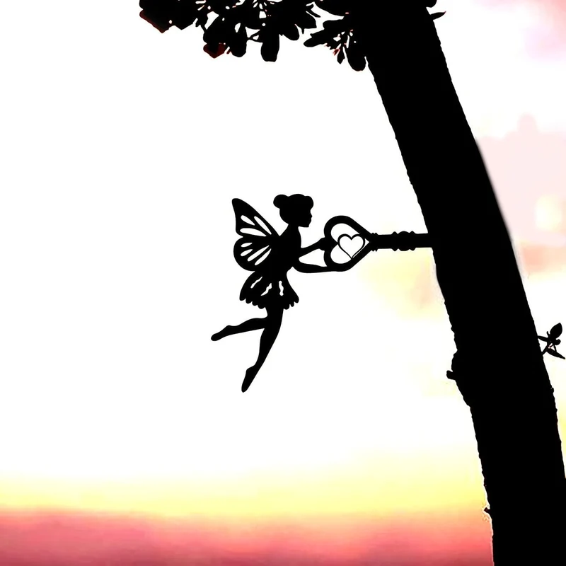 1 Stück Engel auf Ast, Stahlsilhouette, Metall, Wandkunst, Haus, Garten, Hof, Terrasse, Outdoor, Statue, Pfahl, Dekoration, perfekt für Geburtstage, Einweihungsgeschenke