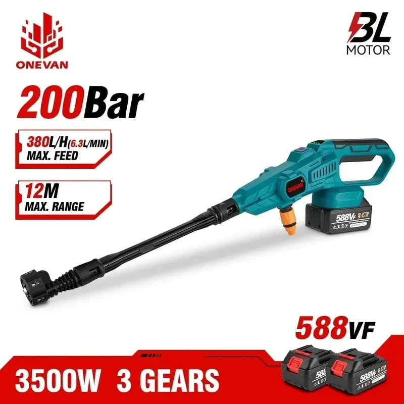 ONEVAN 3500W 200Bar bürstenloser elektrischer Hochdruckreiniger, Autowaschanlage, Wasserpistole, Gartenbewässerungswerkzeug für Makita 18V Akku