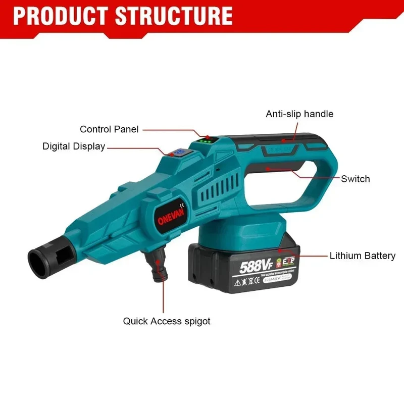 ONEVAN 3500W 200Bar bürstenloser elektrischer Hochdruckreiniger, Autowaschanlage, Wasserpistole, Gartenbewässerungswerkzeug für Makita 18V Akku