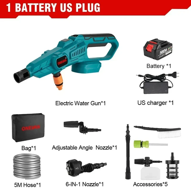ONEVAN 3500W 200Bar bürstenloser elektrischer Hochdruckreiniger, Autowaschanlage, Wasserpistole, Gartenbewässerungswerkzeug für Makita 18V Akku
