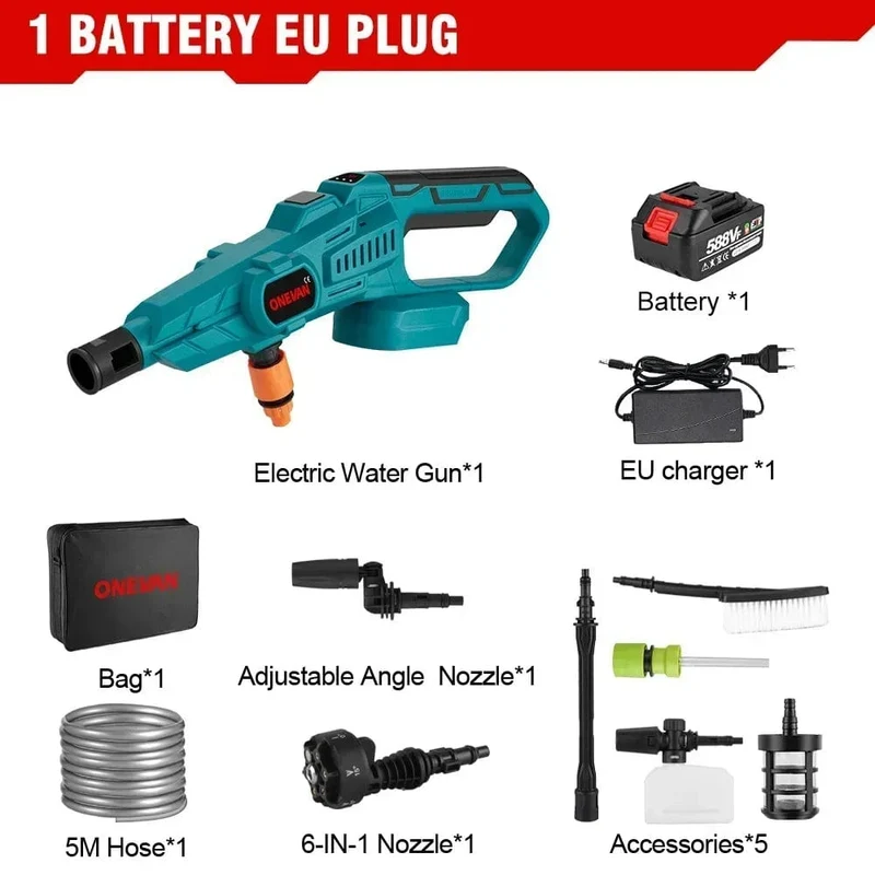 ONEVAN 3500W 200Bar bürstenloser elektrischer Hochdruckreiniger, Autowaschanlage, Wasserpistole, Gartenbewässerungswerkzeug für Makita 18V Akku